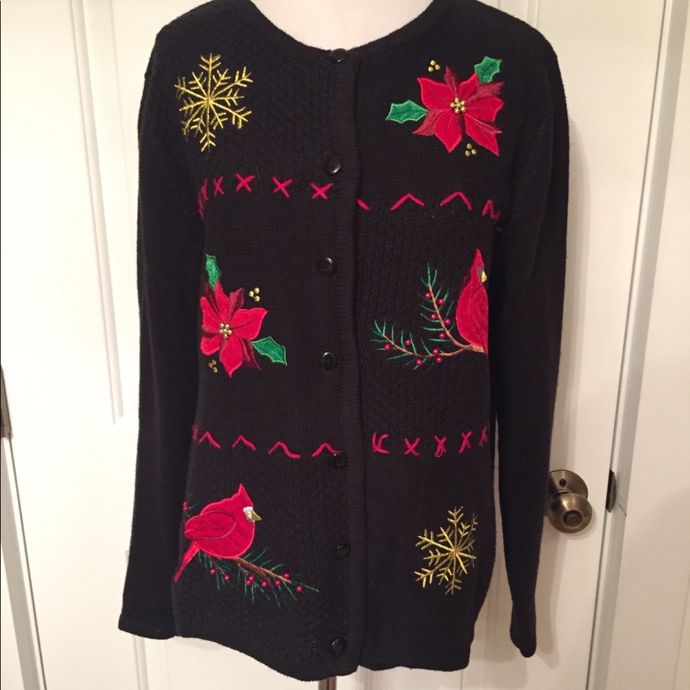 CLASSIC ELEMENTS SWEATER CARDIGAN BLACK RED UGLY TACKY XMAS LONG SLEEVE SIZE S